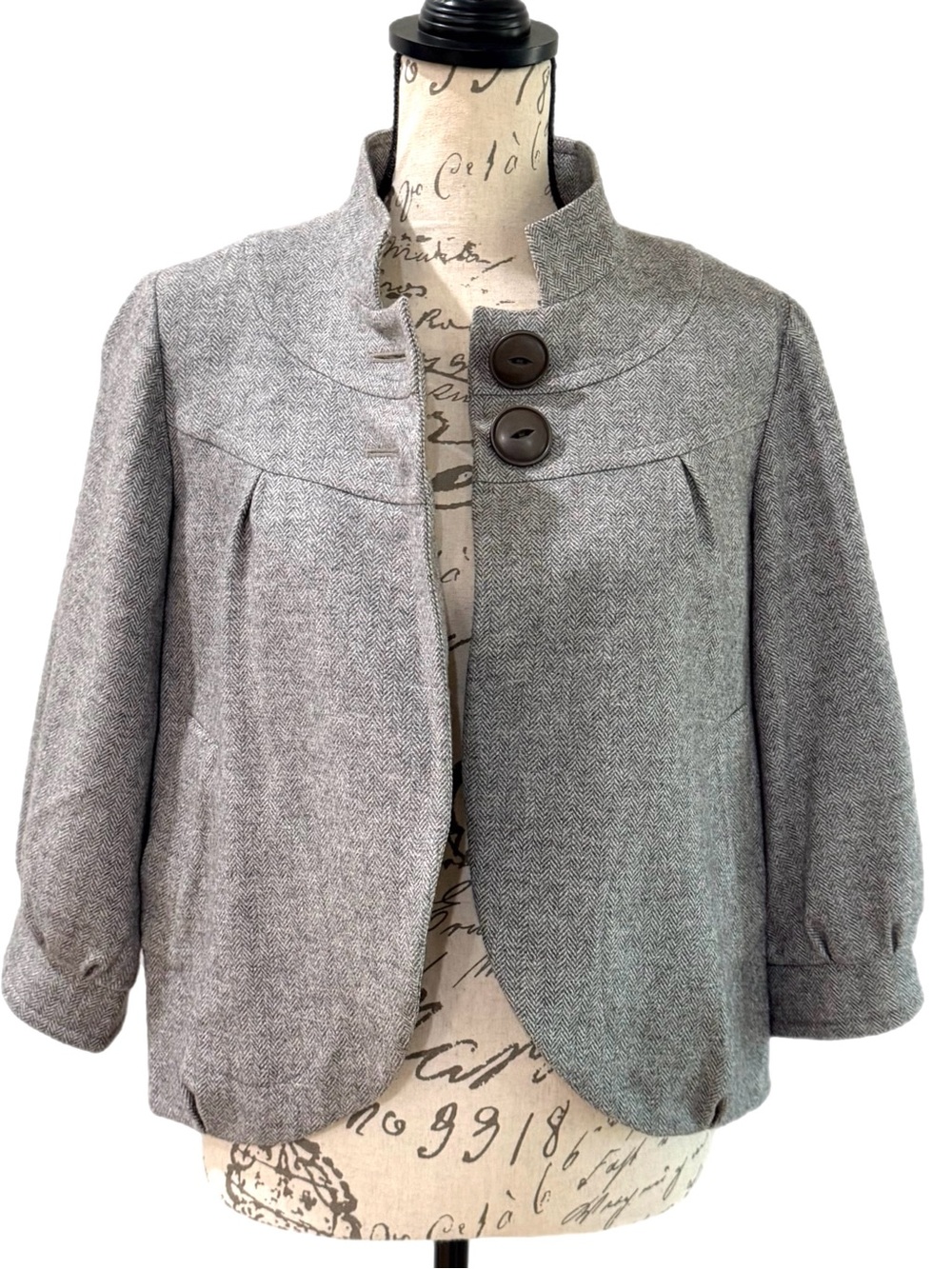 Halogen Grey Herringbone Double Button Stand Collar Crop Jacket Blazer▪️Size M